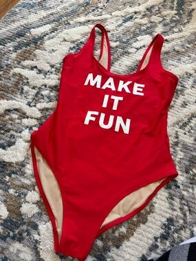 Old Navy Red One-Piece Swimsuit with White 'MAKE IT FUN' Text